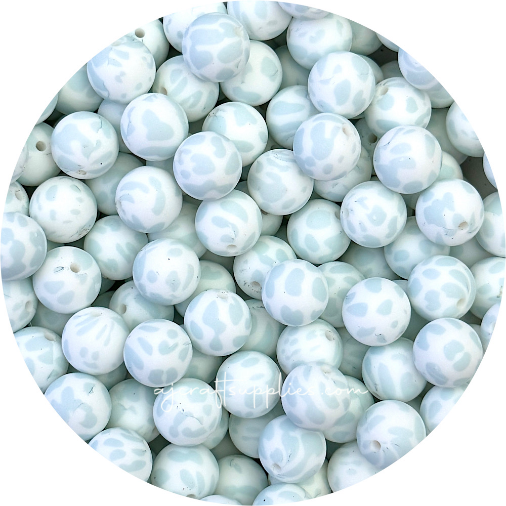 Seafoam Cow Print - 15mm round Silicone Beads - 10 Beads