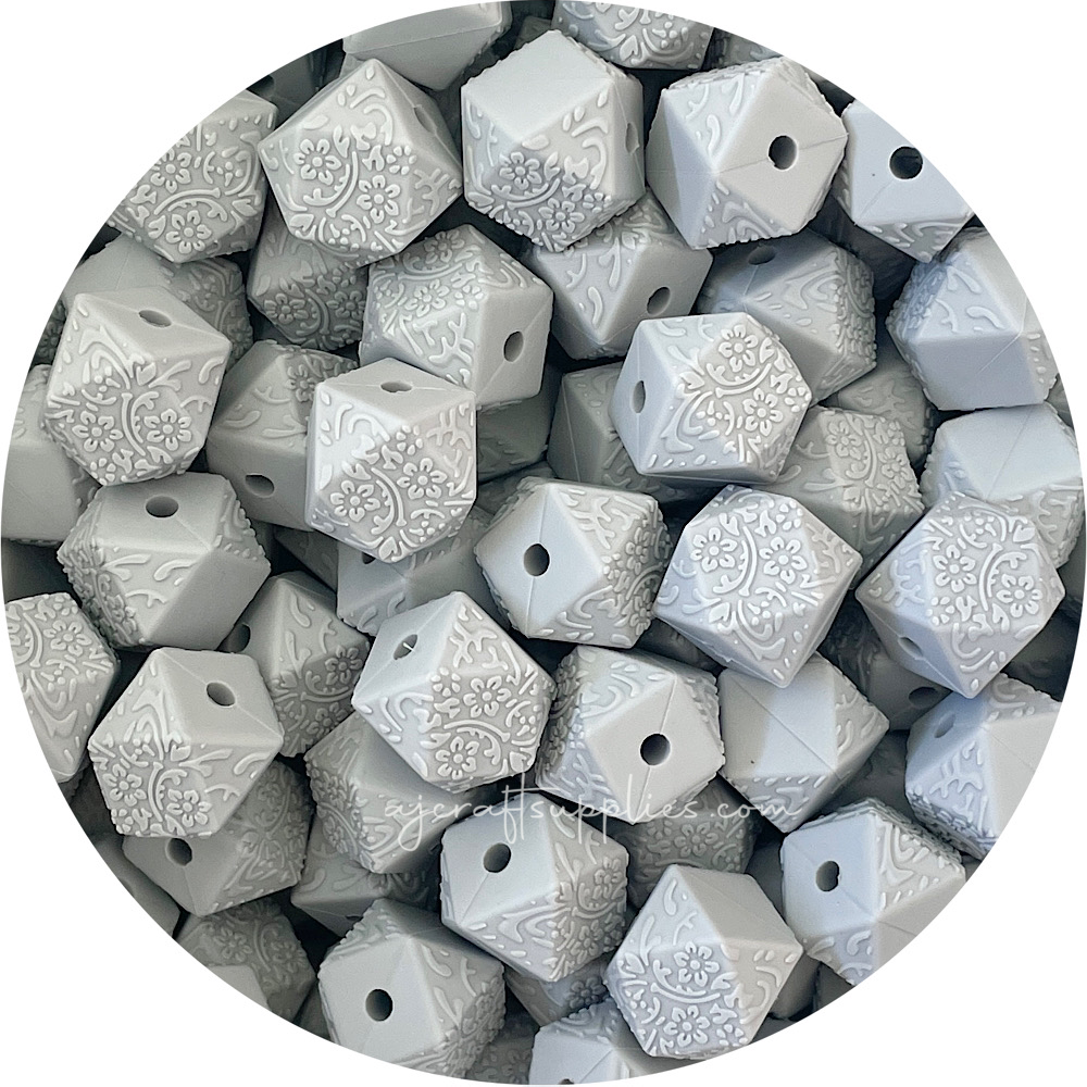 Light Grey - 14mm mini hexagon (Floral Embossed) Silicone Beads - 5 Beads