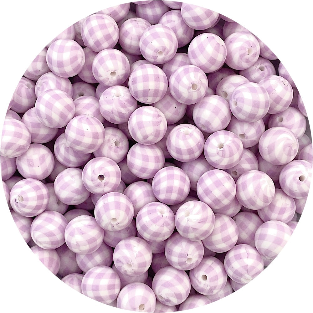 Lilac Gingham Print - 15mm round Silicone Beads - 10 Beads