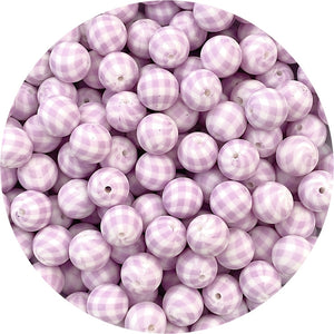 Lilac Gingham Print - 15mm round Silicone Beads - 10 Beads