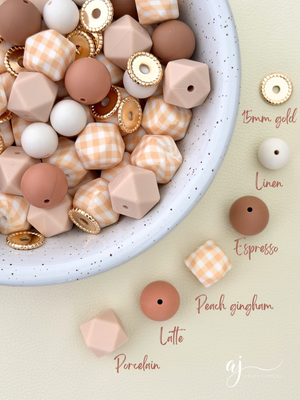 Peach Gingham Print - 15mm round Silicone Beads - 10 Beads