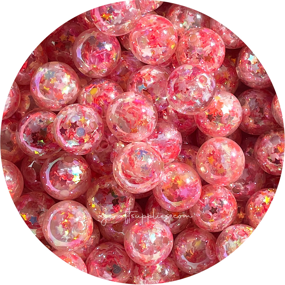 16mm Star Confetti Round Acrylic Beads - Red - 5 Beads