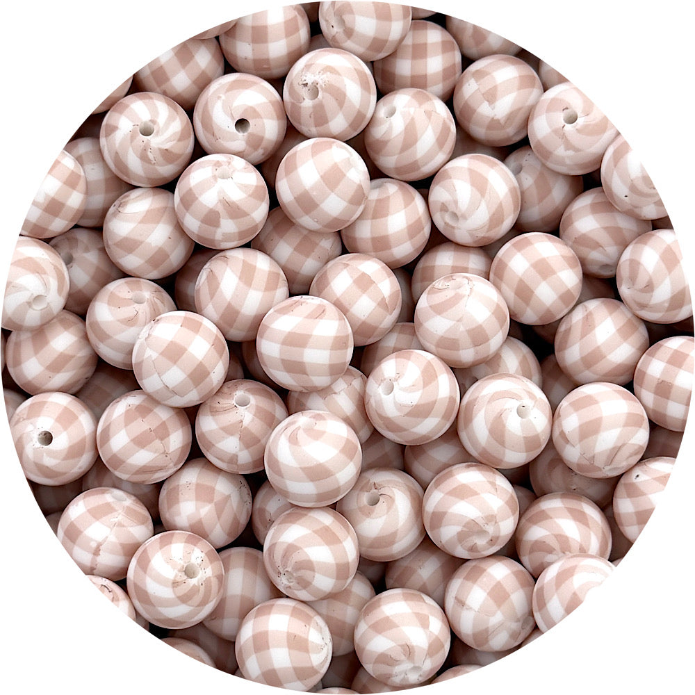 Espresso Gingham Print - 15mm round Silicone Beads - 10 Beads