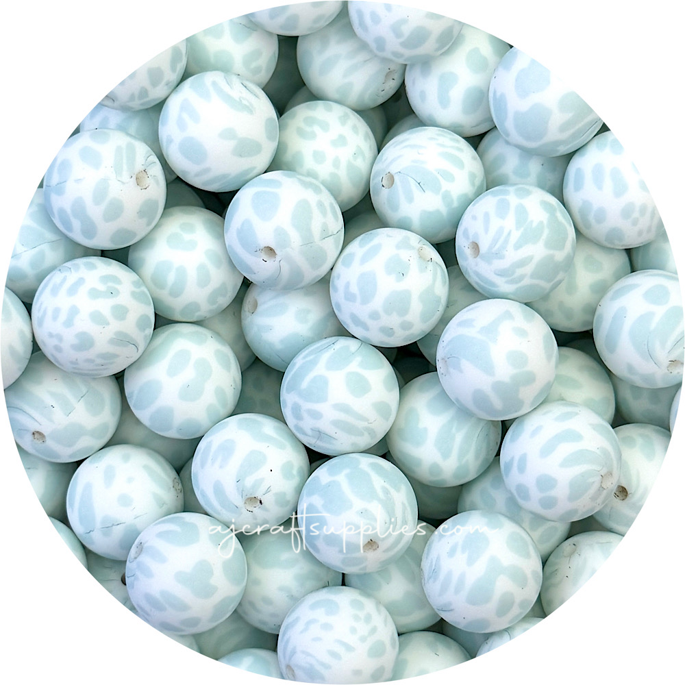 Seafoam Cow Print - 19mm round Silicone Beads - 5 Beads