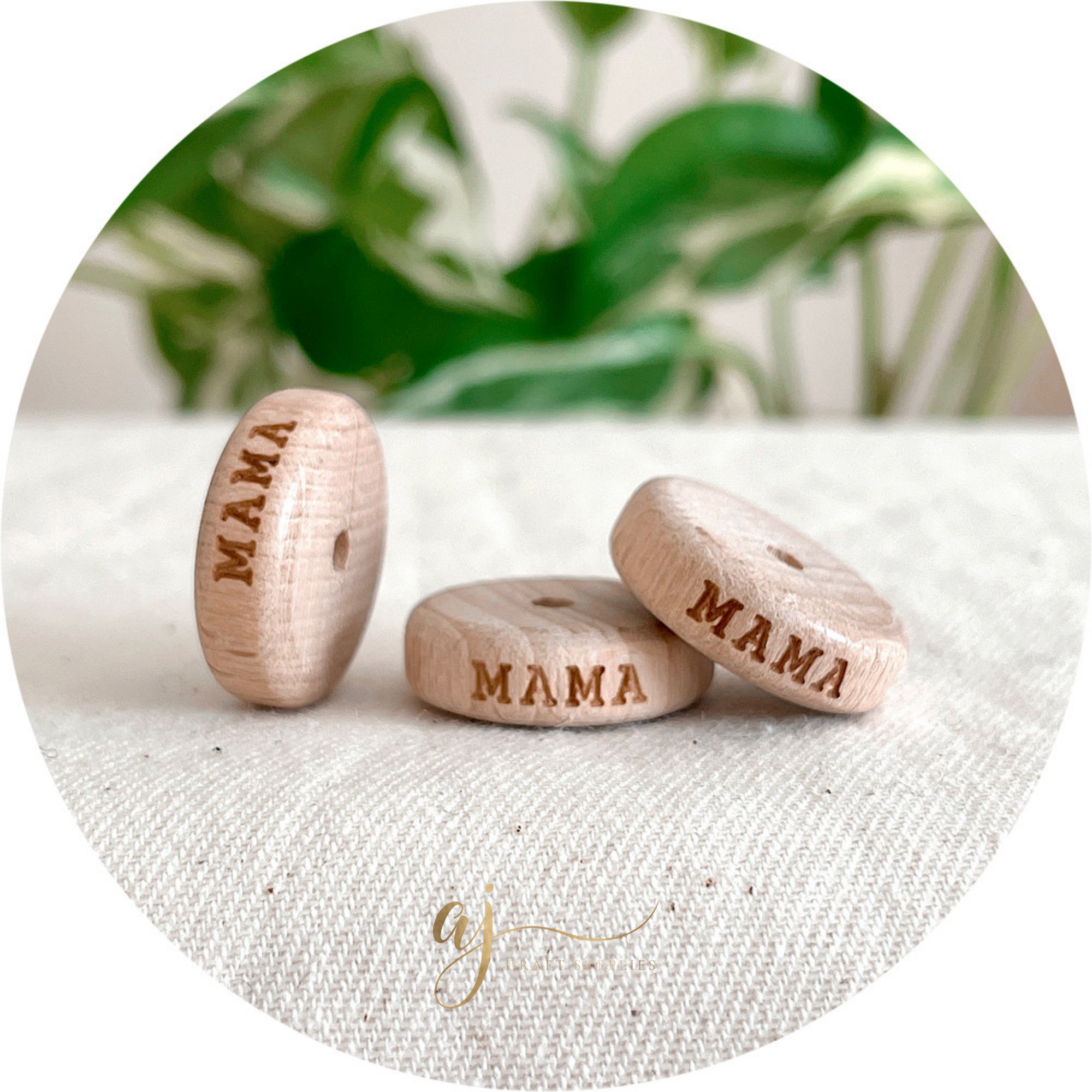 Beech Wood Engraved Beads (Mama) - 20mm Coin - 5 Beads