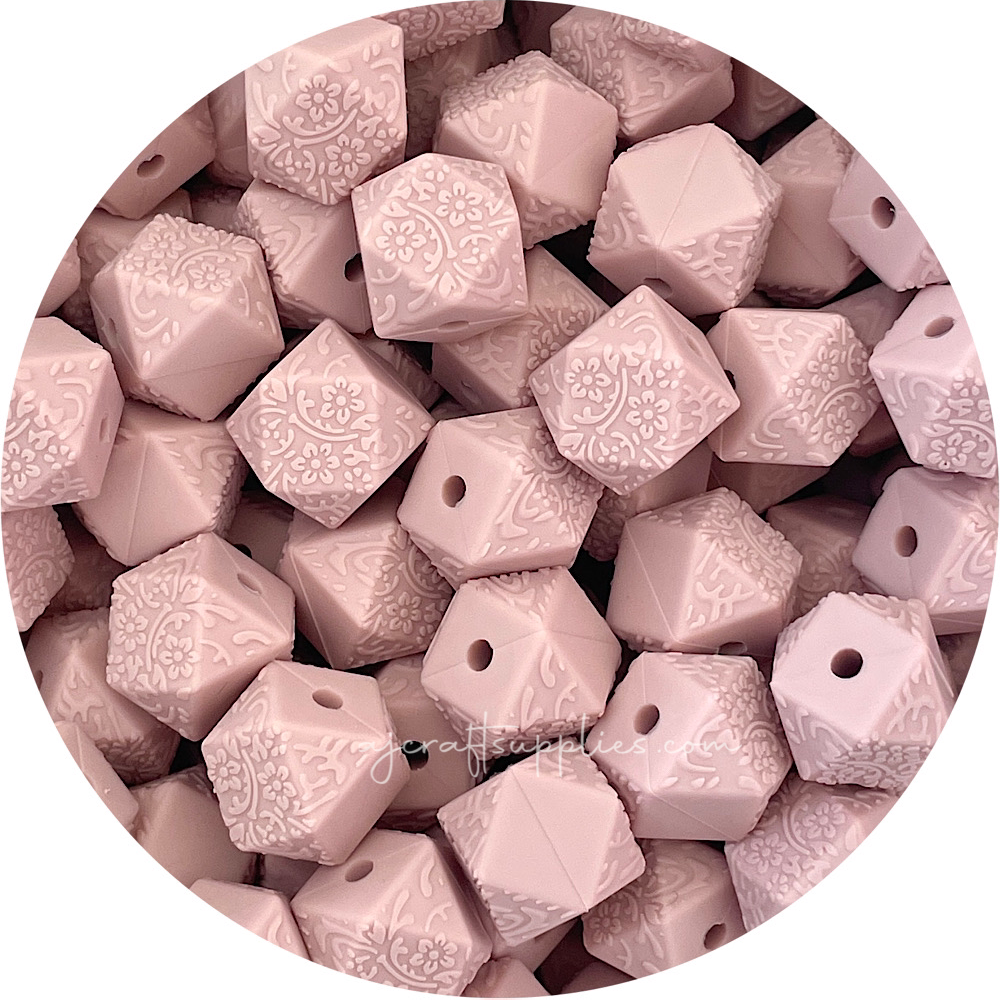 Nude - 14mm mini hexagon (Floral Embossed) Silicone Beads - 5 Beads