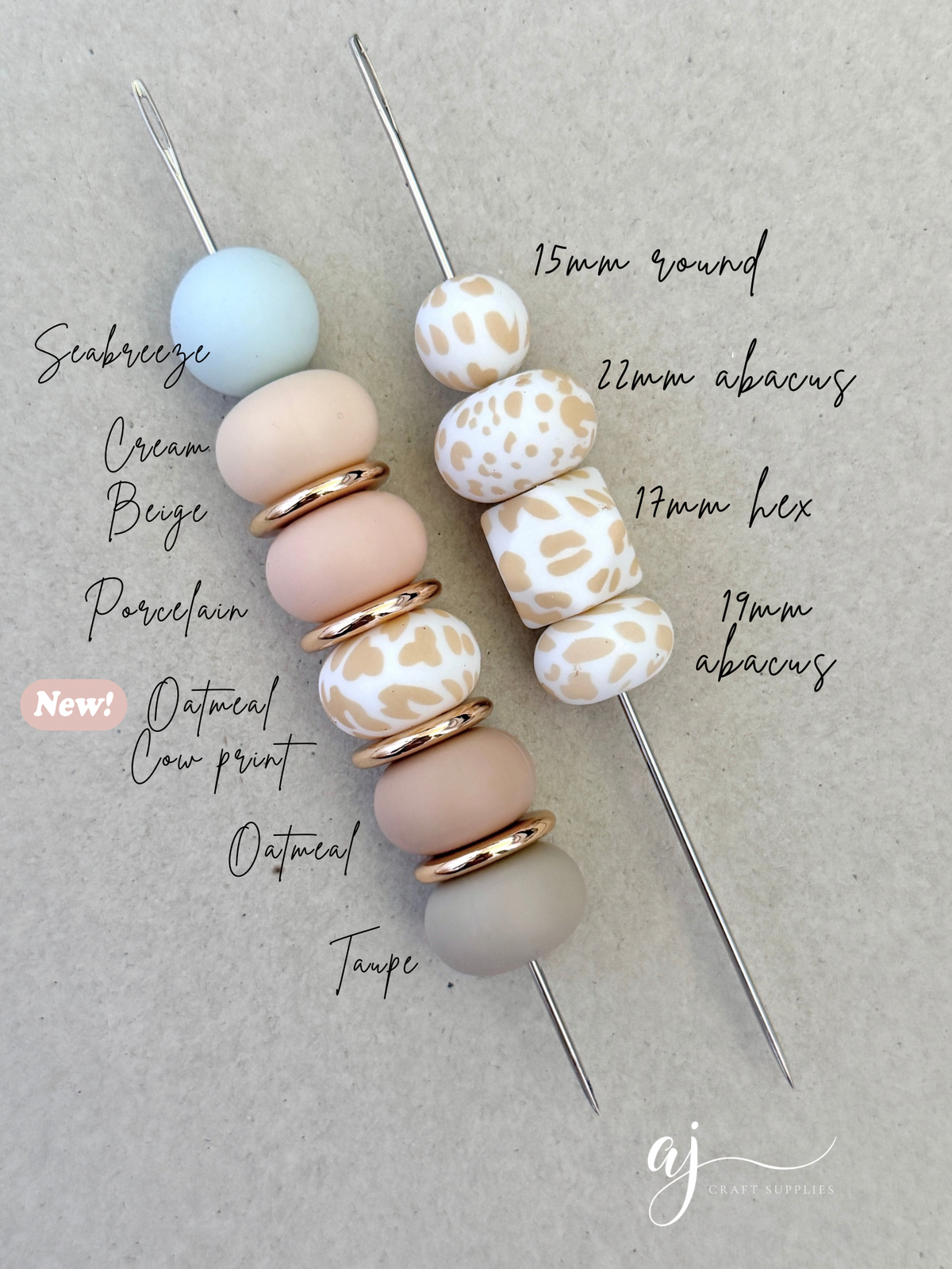 Oatmeal Cow Print - 15mm round Silicone Beads - 10 Beads