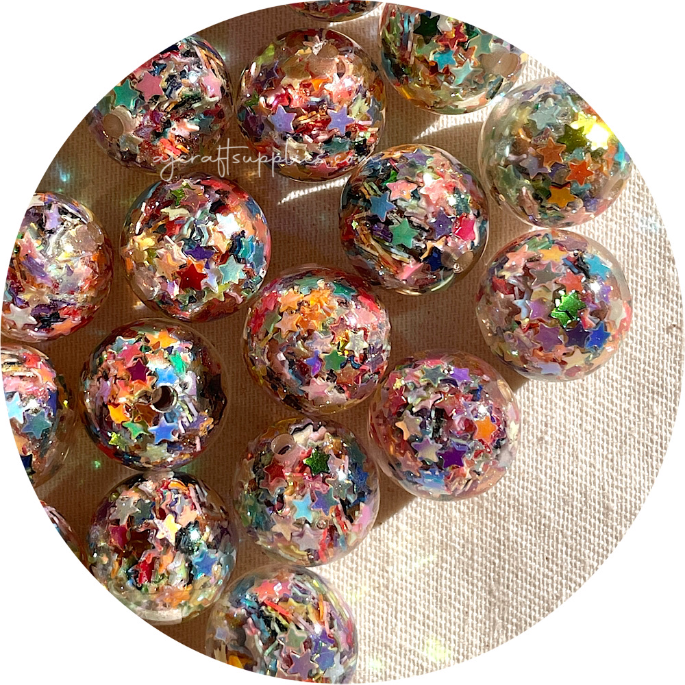 16mm Star Confetti Round Acrylic Beads - Rainbow - 5 Beads