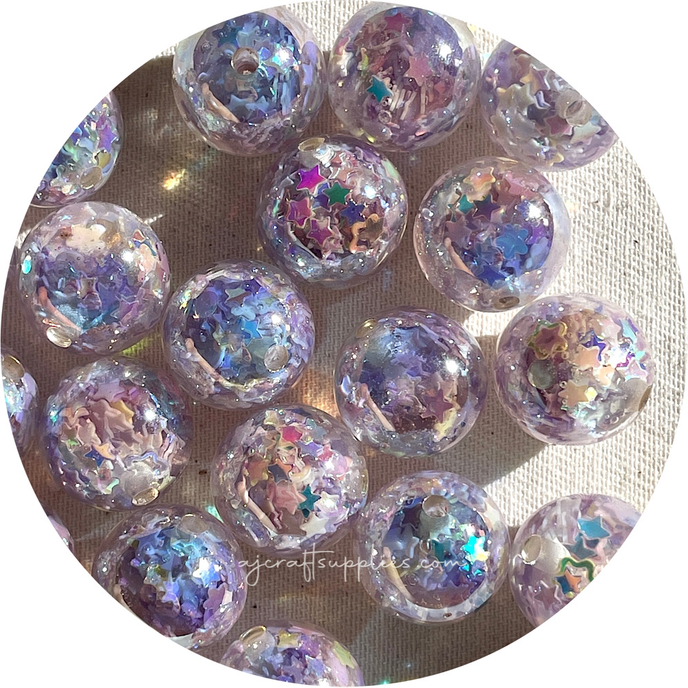 16mm Star Confetti Round Acrylic Beads - Lavender Purple - 5 Beads