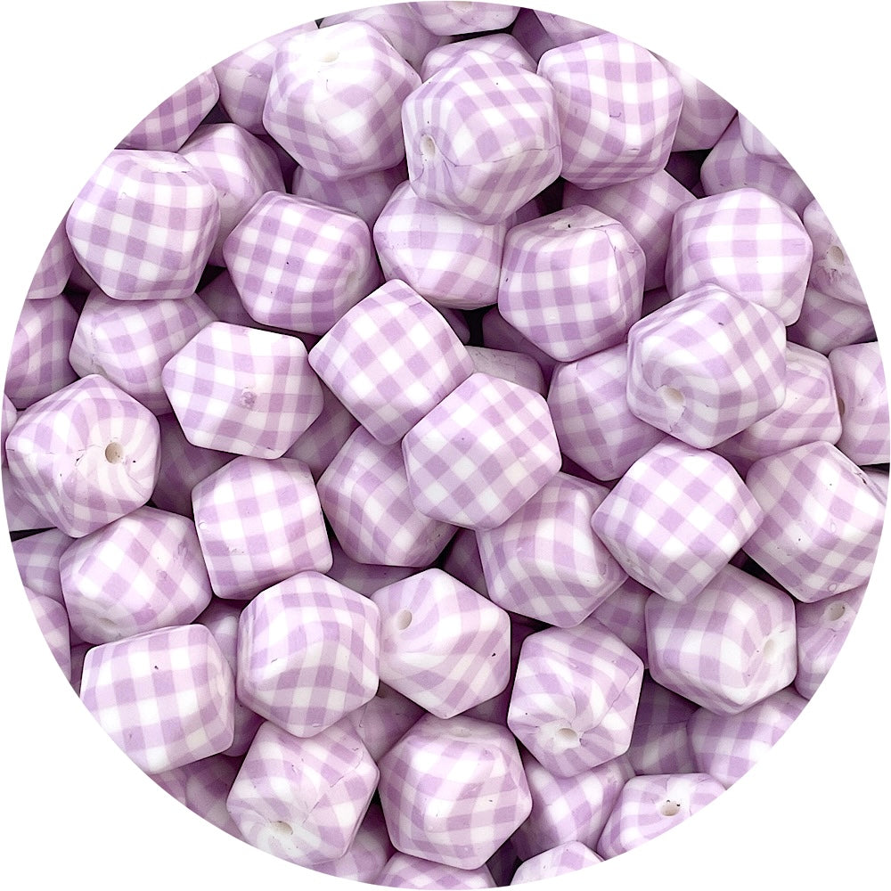 Lilac Gingham Print - 17mm hexagon Silicone Beads - 10 Beads
