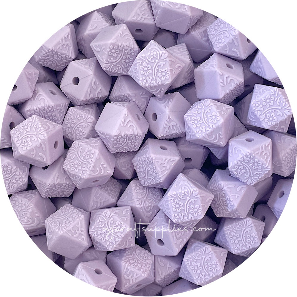 Lilac - 14mm mini hexagon (Floral Embossed) Silicone Beads - 5 Beads