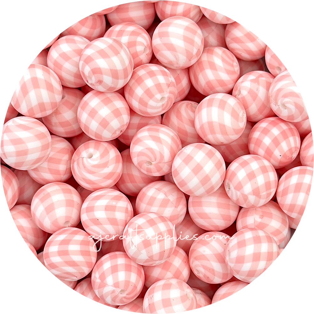Candy Pink Gingham Print - 19mm round Silicone beads - 5 Beads