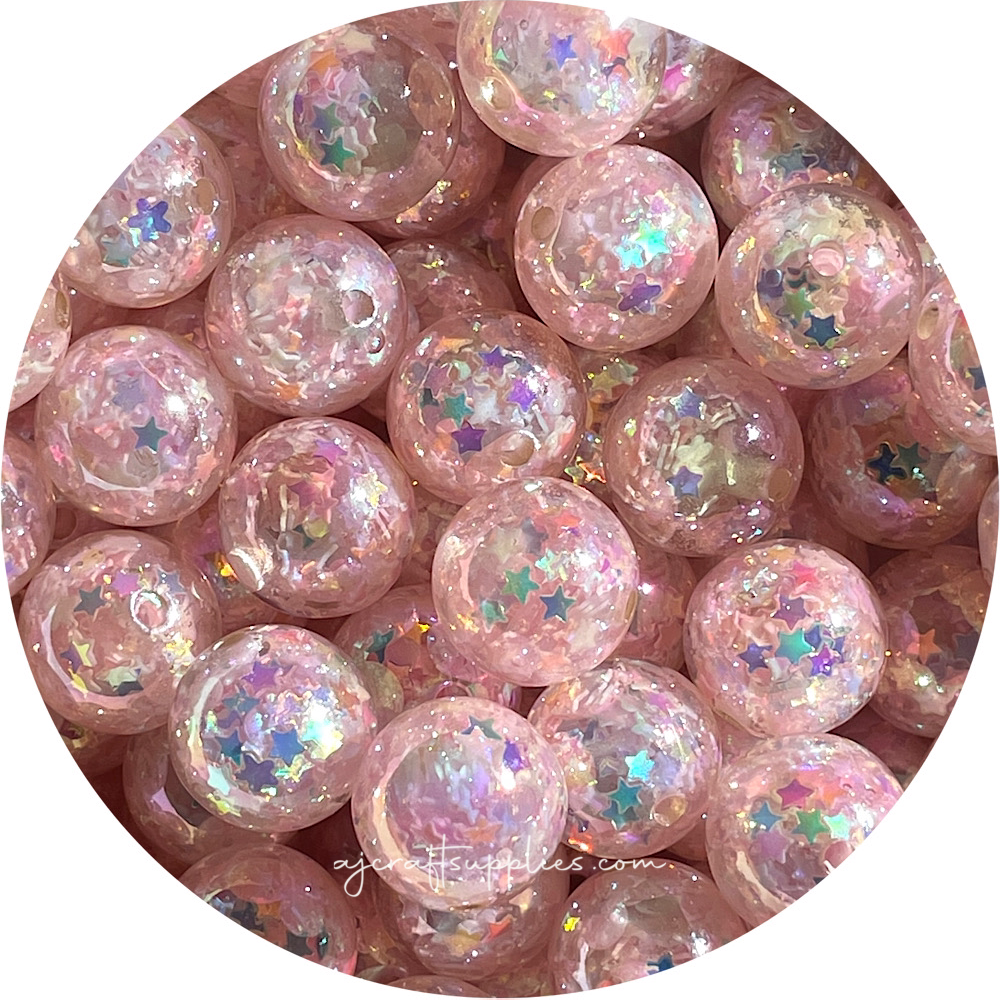 16mm Star Confetti Round Acrylic Beads - Blush Pink - 5 Beads