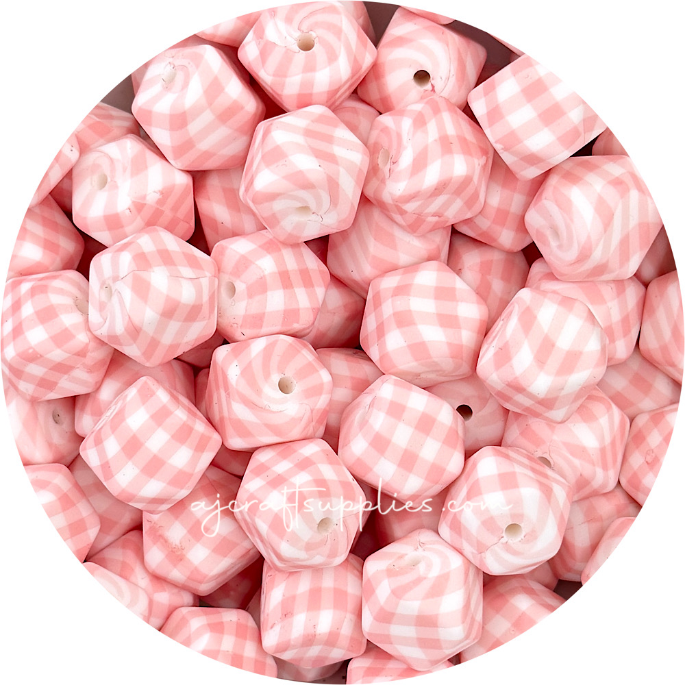 Candy Pink Gingham Print - 17mm hexagon Silicone Beads - 10 Beads
