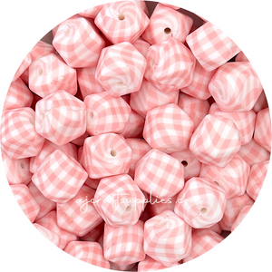 Candy Pink Gingham Print - 17mm hexagon Silicone Beads - 10 Beads