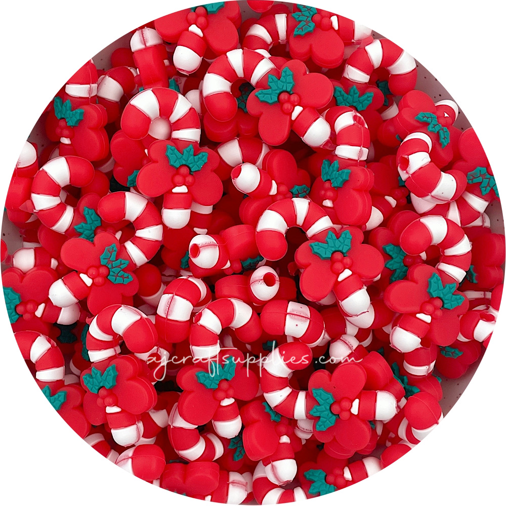 3D Christmas Candy Cane Silicone Focal Beads - 2 beads