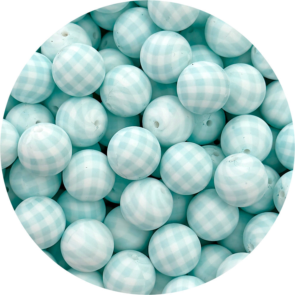 Aqua Gingham Print - 19mm round Silicone beads - 5 Beads