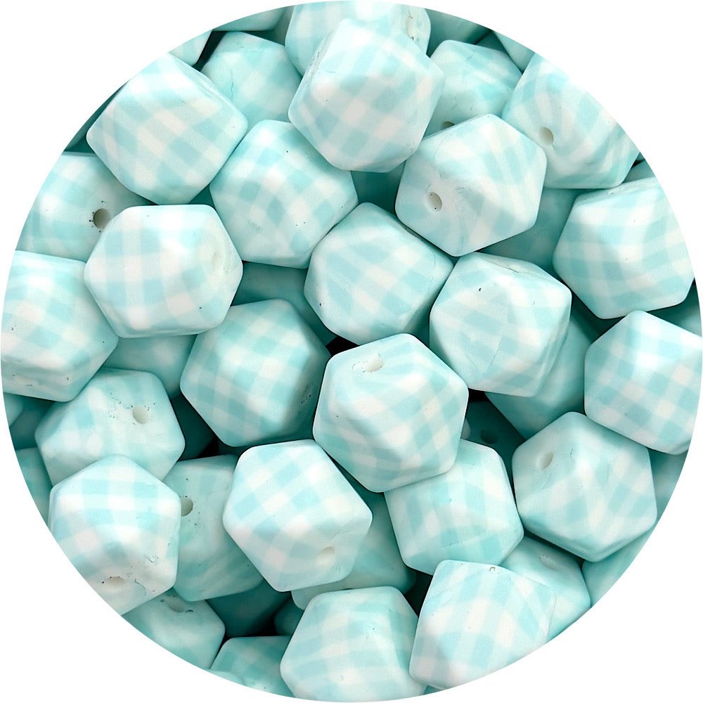 Aqua Gingham Print - 17mm hexagon Silicone Beads - 10 Beads