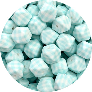 Aqua Gingham Print - 17mm hexagon Silicone Beads - 10 Beads