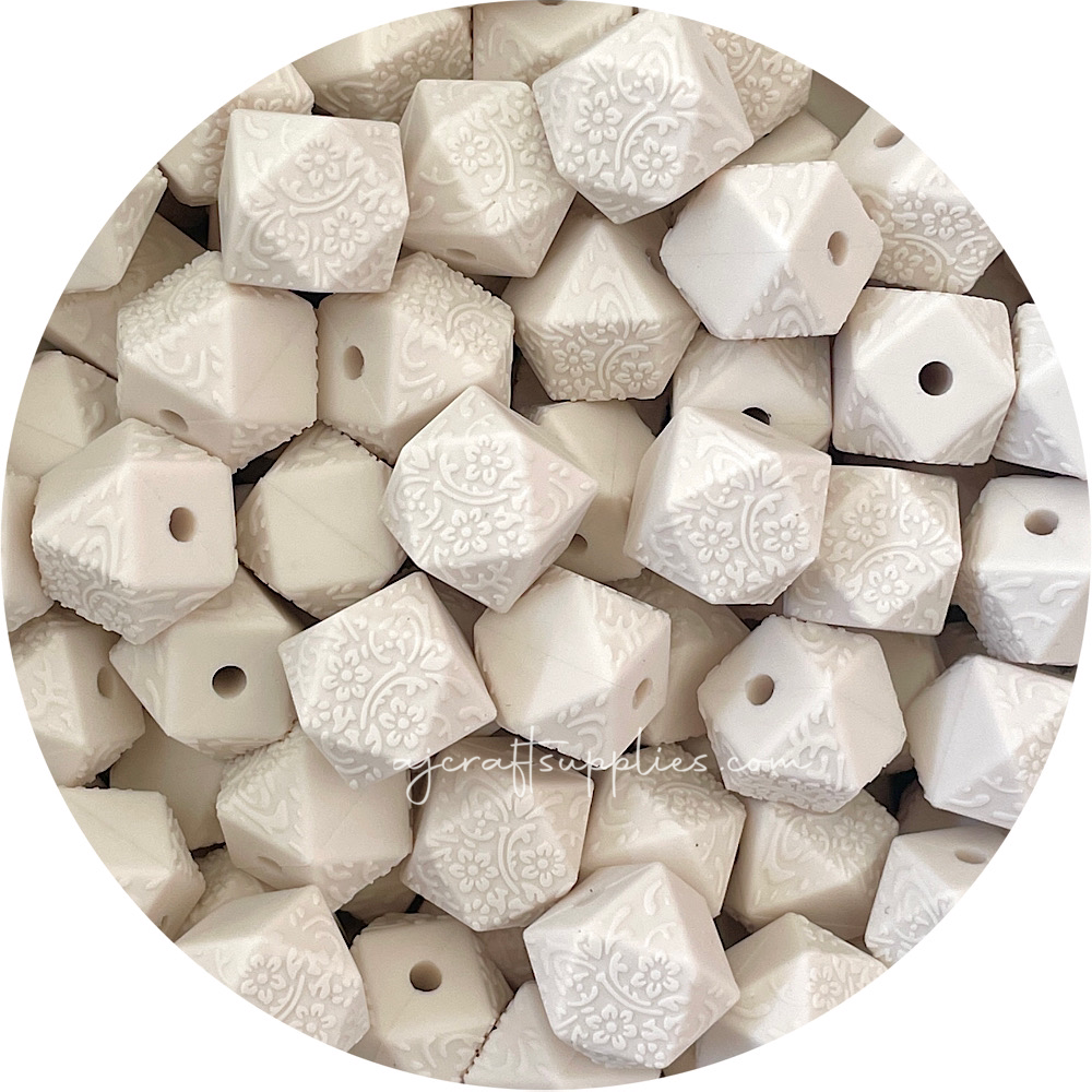 Linen - 14mm mini hexagon (Floral Embossed) Silicone Beads - 5 Beads