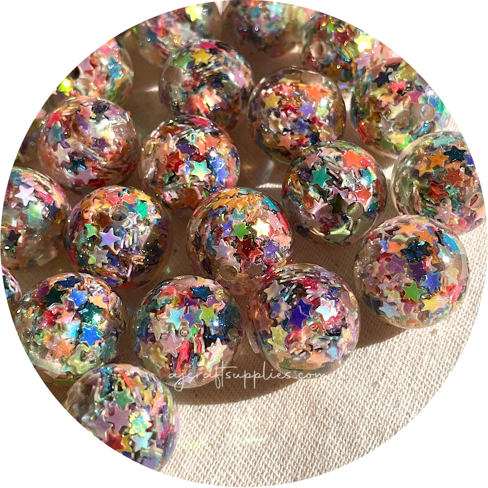 16mm Star Confetti Round Acrylic Beads - Rainbow - 5 Beads