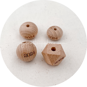 Beech Wood Engraved Beads (2024) - CHOOSE A SIZE - 5 beads