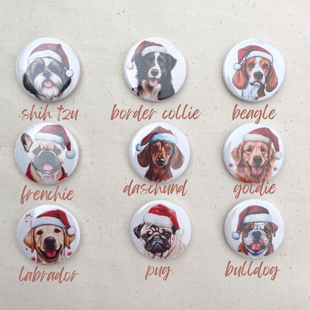 37mm Button Badges (With or Without Pinback) - CHRISTMAS DOGS- 2 badges - CHOOSE YOUR DESIGN