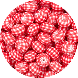 Watermelon Red Gingham Print - 22mm abacus Silicone beads - 5 Beads