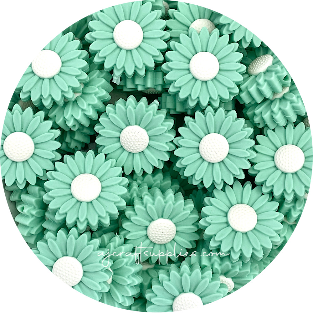 Mint Green - 30mm Large Daisy Silicone Beads - 2 beads