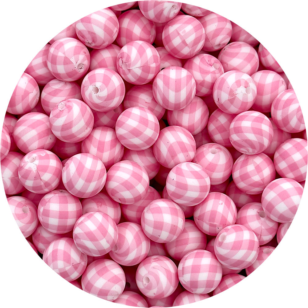 Bubblegum Pink Gingham Print - 15mm round Silicone Beads - 10 Beads