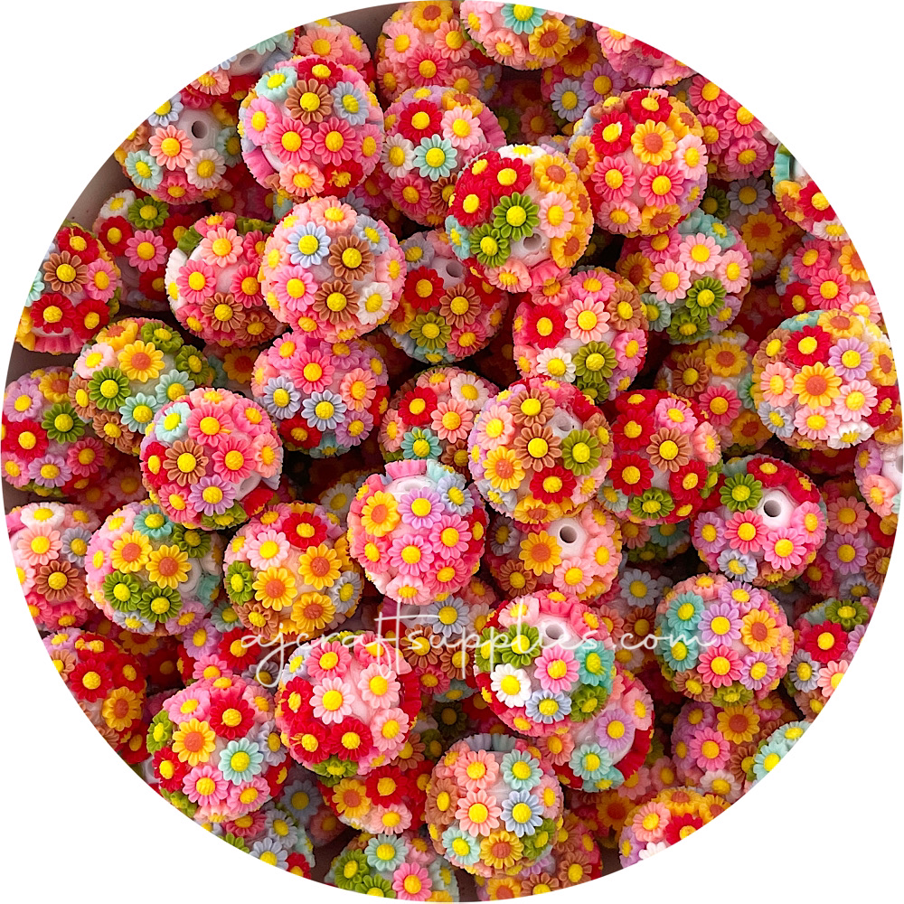 19mm Colourful Flower Bouquet Round Acrylic Beads - 5 Beads