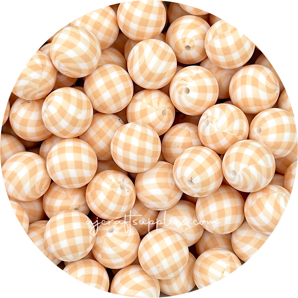 Peach Gingham Print - 19mm round Silicone beads - 5 Beads