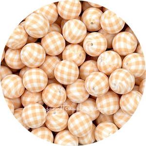 Peach Gingham Print - 19mm round Silicone beads - 5 Beads