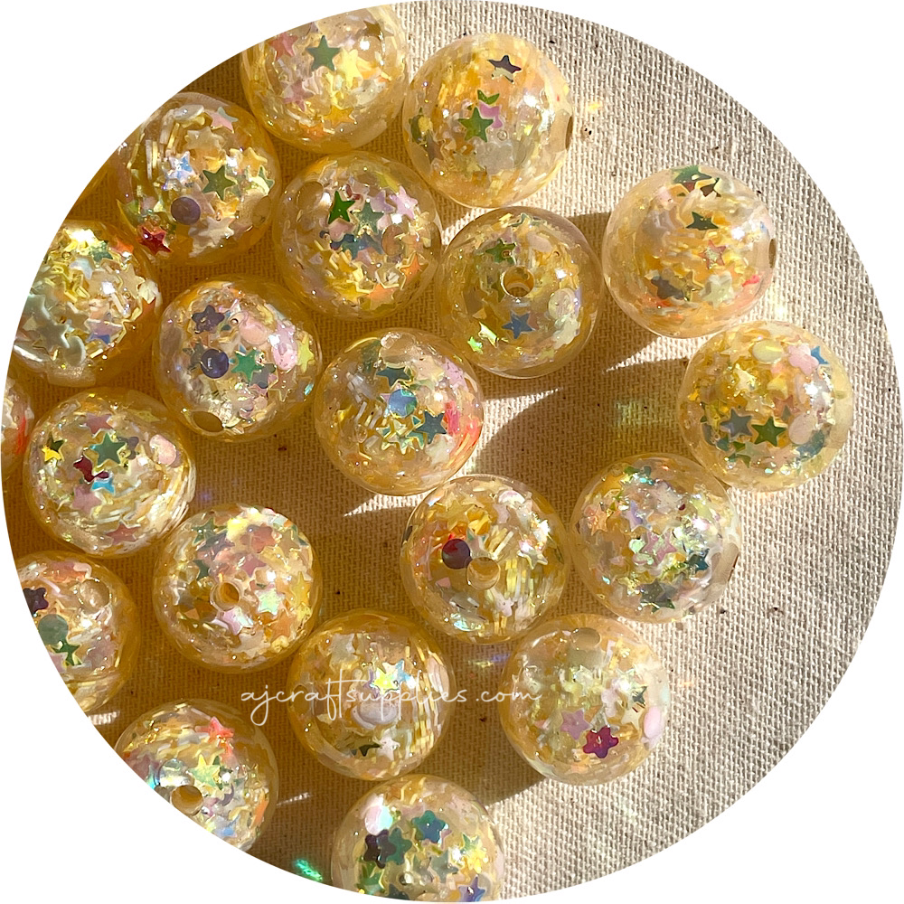 16mm Star Confetti Round Acrylic Beads - Buttery Yellow - 5 Beads