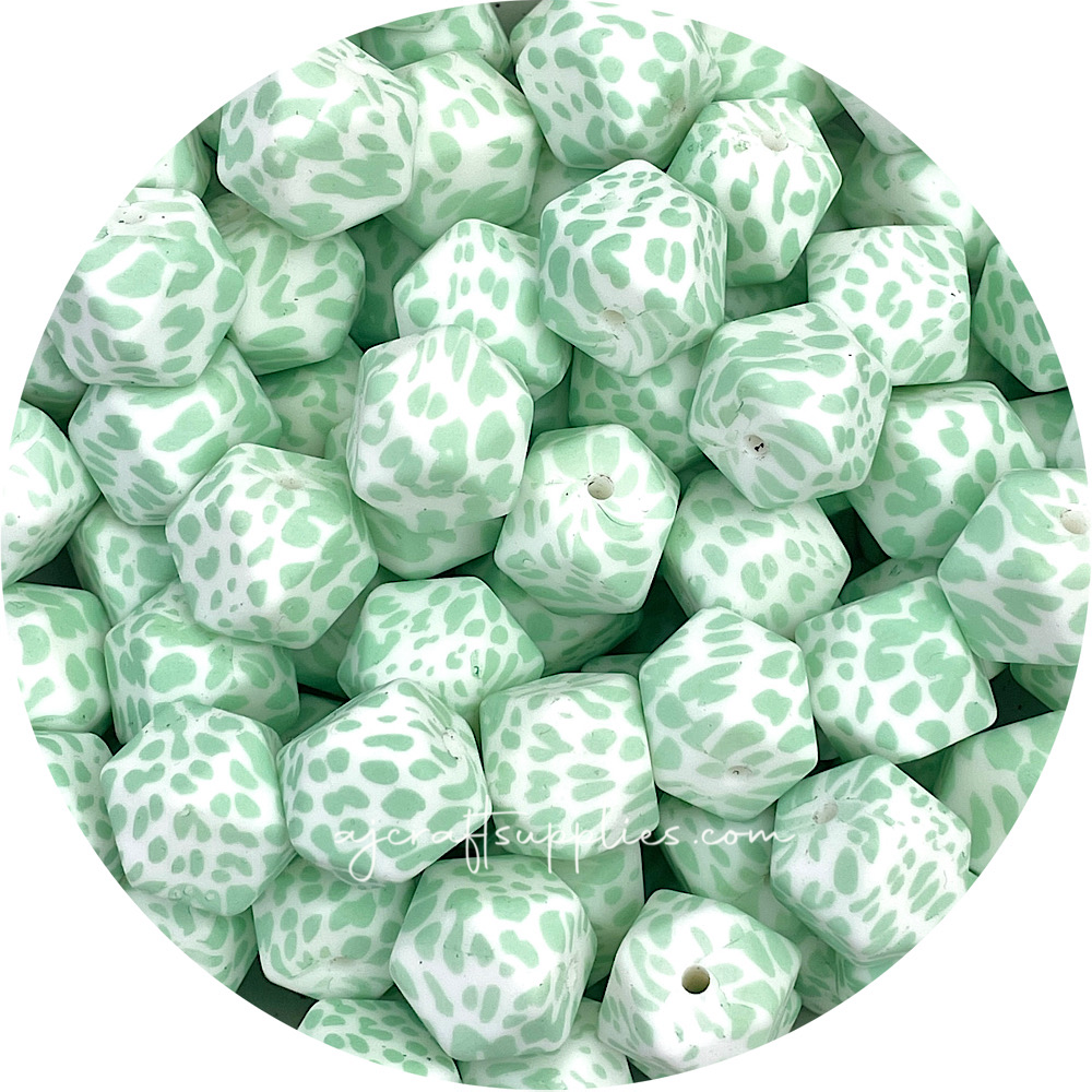Mint Cow Print - 17mm hexagon Silicone Beads - 10 Beads