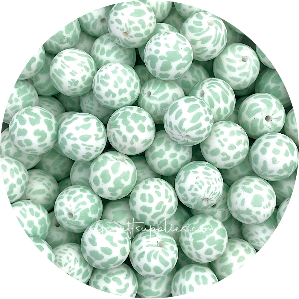 Mint Green Cow Print - 19mm round Silicone Beads - 5 Beads