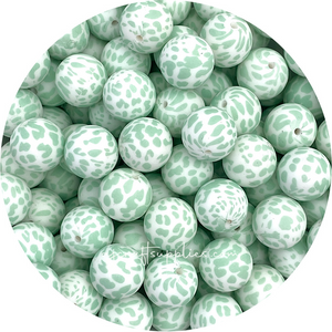 Mint Green Cow Print - 19mm round Silicone Beads - 5 Beads