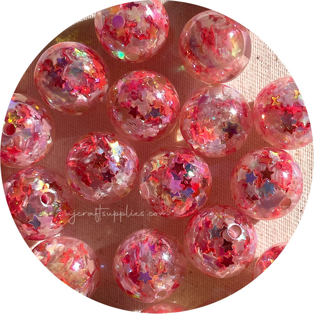 16mm Star Confetti Round Acrylic Beads - Red - 5 Beads