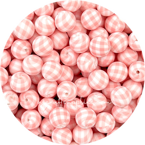 Candy Pink Gingham Print - 15mm round Silicone Beads - 10 Beads