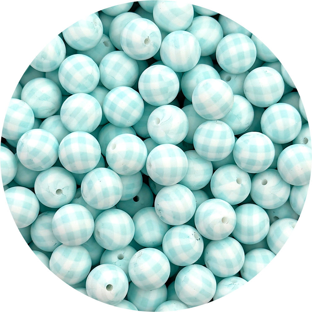 Aqua Gingham Print - 15mm round Silicone Beads - 10 Beads