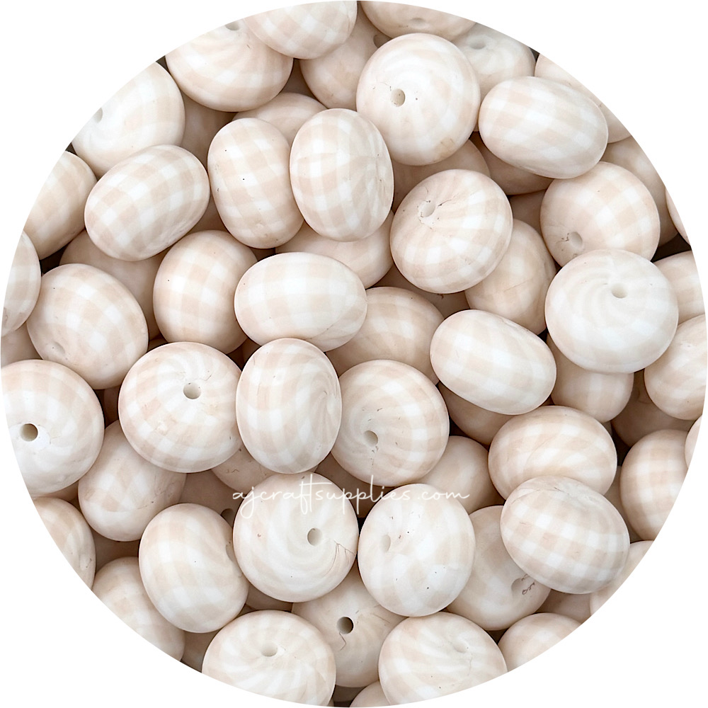 Oatmeal Gingham Print - 22mm abacus Silicone beads - 5 Beads