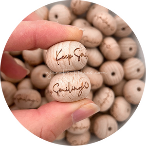 Beech Wood Engraved Beads (Keep Smiling) - 22mm abacus - 5 Beads