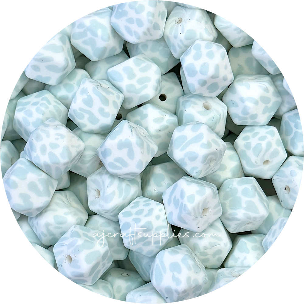 Seafoam Cow Print - 17mm hexagon Silicone Beads - 10 Beads