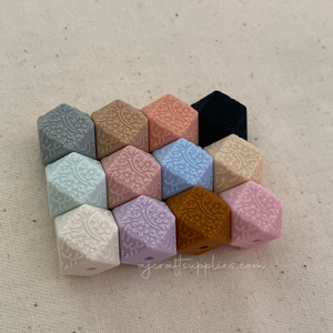 Cream Beige - 14mm mini hexagon (Floral Embossed) Silicone Beads - 5 Beads