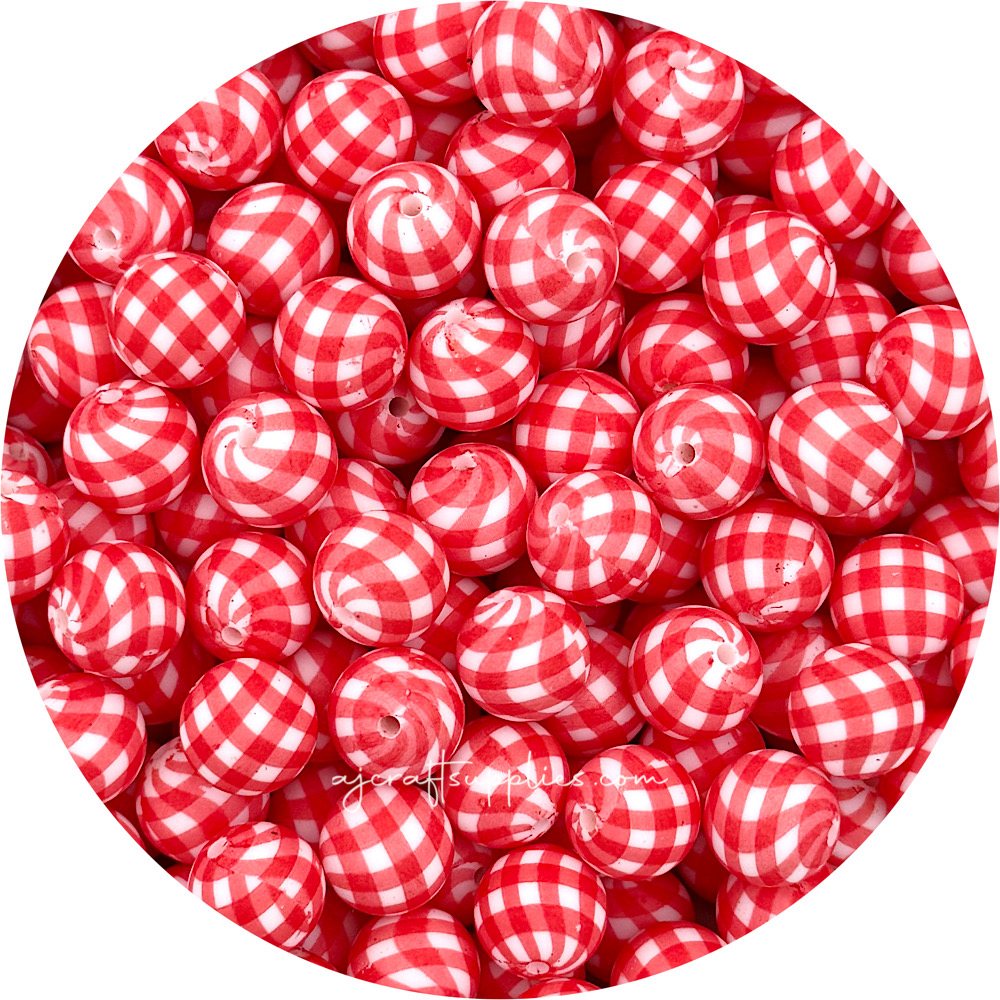 Watermelon Red Gingham Print - 15mm round Silicone Beads - 10 Beads