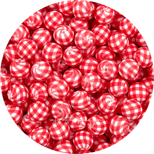 Watermelon Red Gingham Print - 15mm round Silicone Beads - 10 Beads