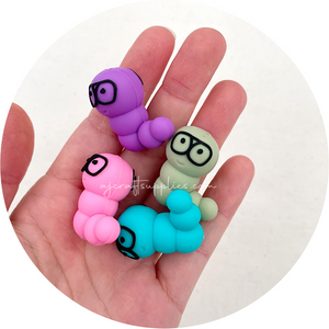 3D Bookworm with Glasses Silicone Focal Beads - CHOOSE YOUR COLOUR - 2 beads