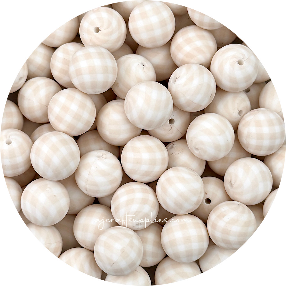 Oatmeal Gingham Print - 19mm round Silicone beads - 5 Beads