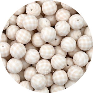 Oatmeal Gingham Print - 19mm round Silicone beads - 5 Beads