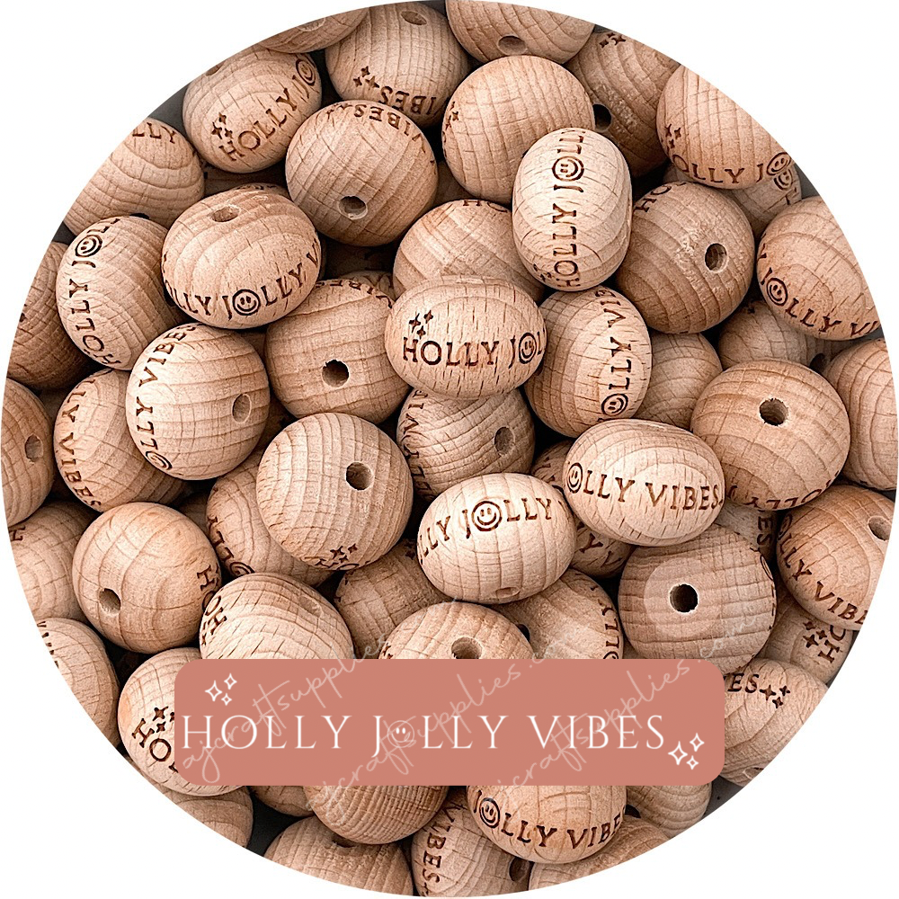 *Christmas* Beech Wood Engraved Beads (Holly Jolly Vibes) - 22mm abacus - 5 Beads